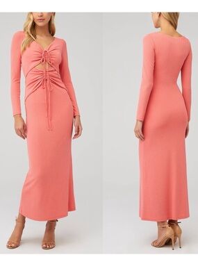 Coral Long-Sleeve Ruched Cutout Maxi Dress